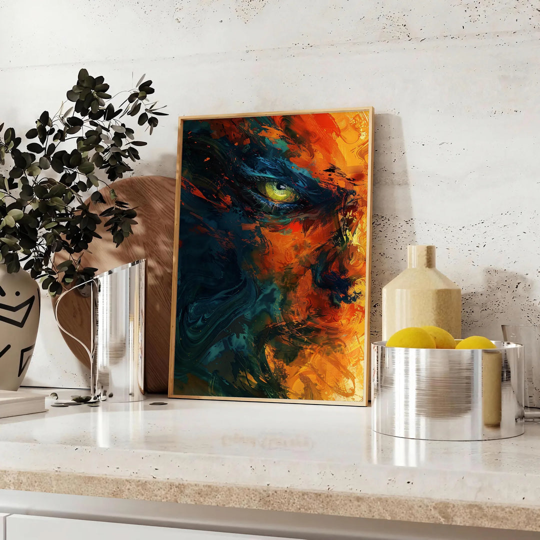 Abstract expressionism artwork with bold black and orange colors - styled on a counter with eucalyptus and a bowl of lemons