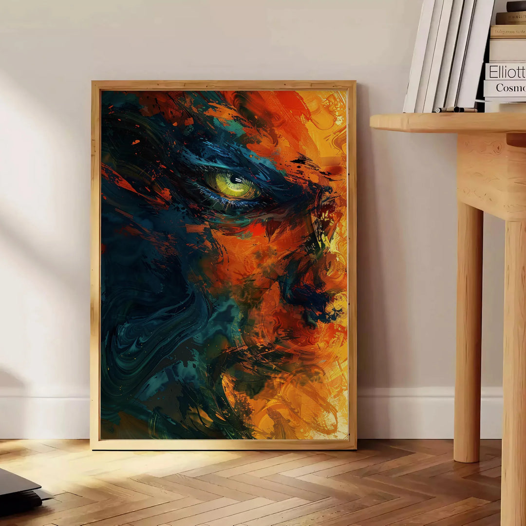 Abstract expressionism artwork with bold black and orange colors - beside a round wooden side table with books