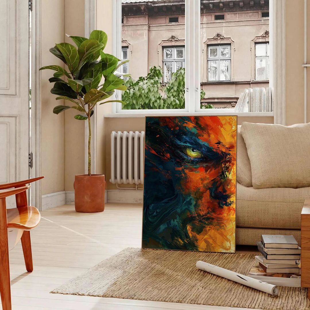 Abstract expressionism artwork with bold black and orange colors - in a Parisian living room with a sofa and a fig plant