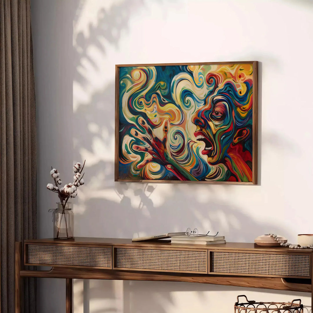 Expressionist artwork with dynamic greens and yellows depicting abstract forms - styled on a counter with eucalyptus and a bowl of lemons