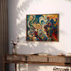 Expressionist artwork with dynamic greens and yellows depicting abstract forms - styled on a counter with eucalyptus and a bowl of lemons