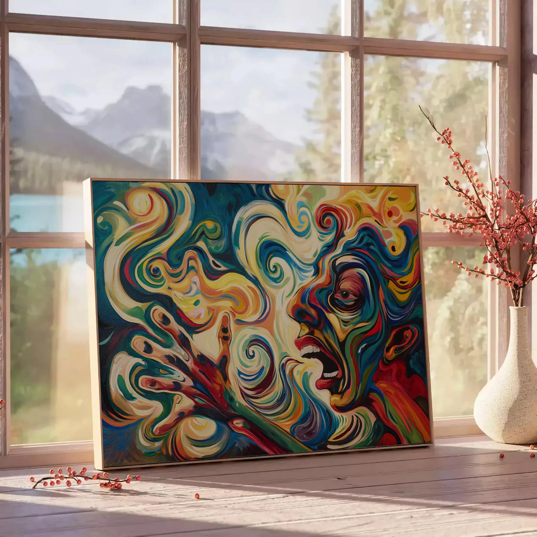 Expressionist artwork with dynamic greens and yellows depicting abstract forms - beside a round wooden side table with books