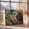Expressionist artwork with dynamic greens and yellows depicting abstract forms - beside a round wooden side table with books