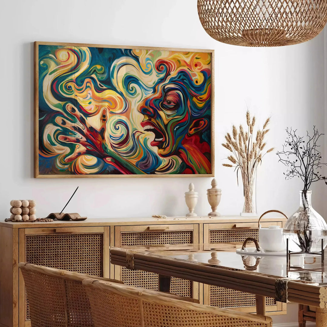 Expressionist artwork with dynamic greens and yellows depicting abstract forms - in a Parisian living room with a sofa and a fig plant