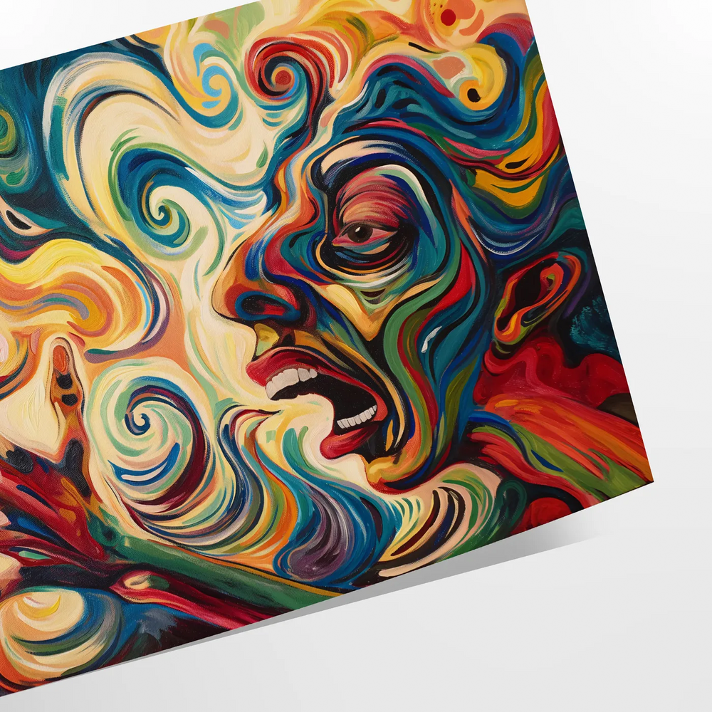 Expressionist artwork with dynamic greens and yellows depicting abstract forms