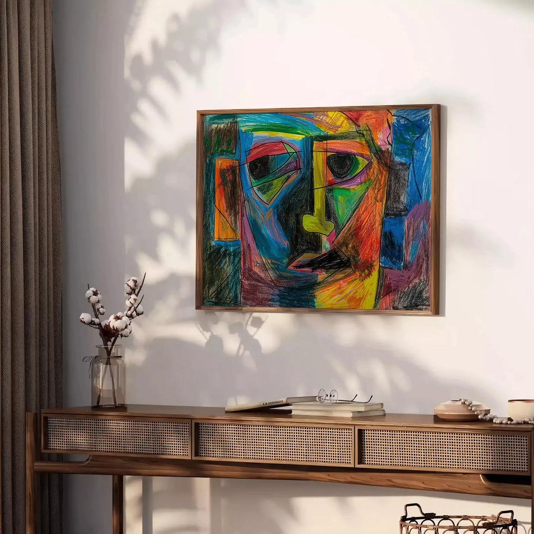 Abstract expressionist artwork featuring swirling green and blue forms - styled on a counter with eucalyptus and a bowl of lemons