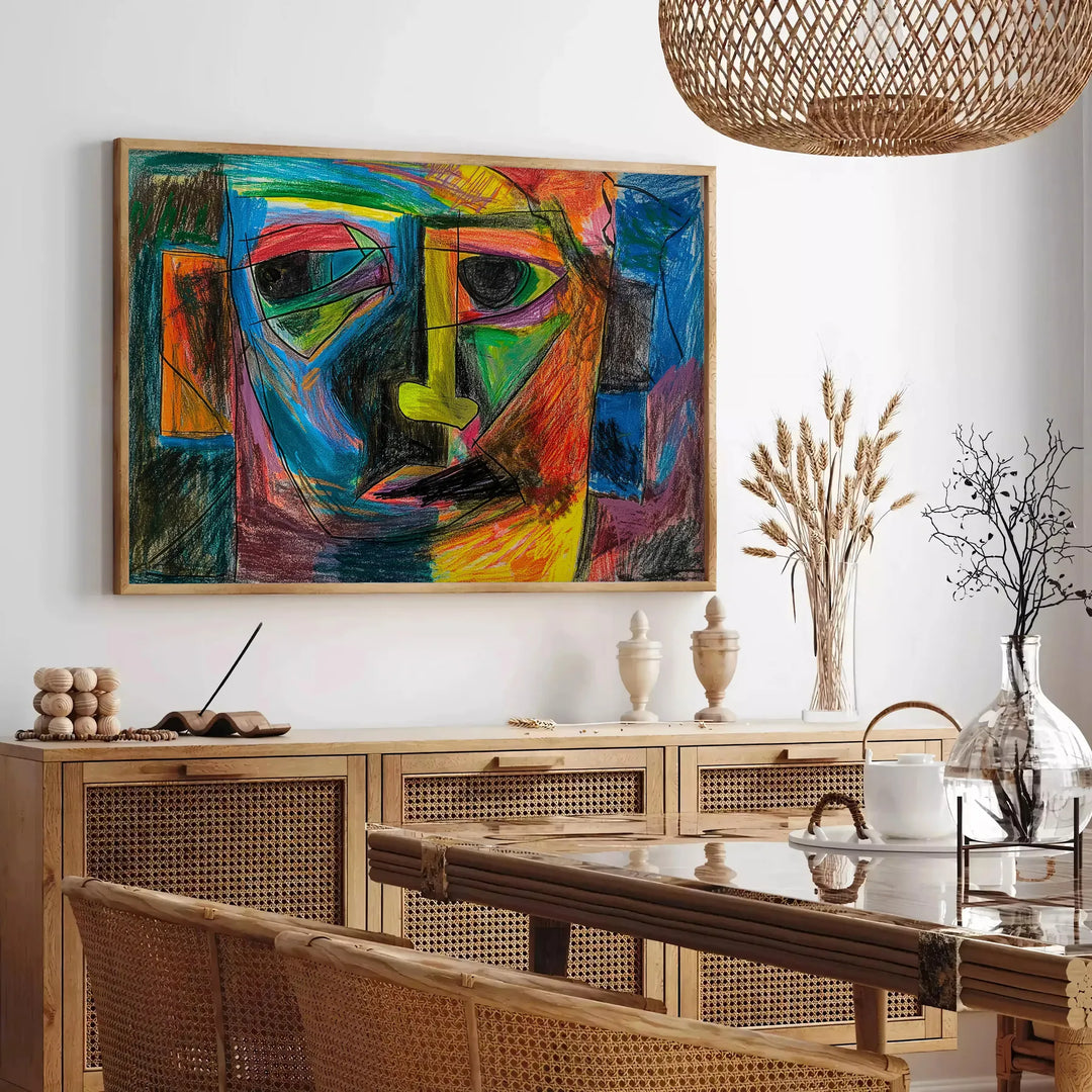 Abstract expressionist artwork featuring swirling green and blue forms - in a Parisian living room with a sofa and a fig plant