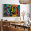 Abstract expressionist artwork featuring swirling green and blue forms - in a Parisian living room with a sofa and a fig plant