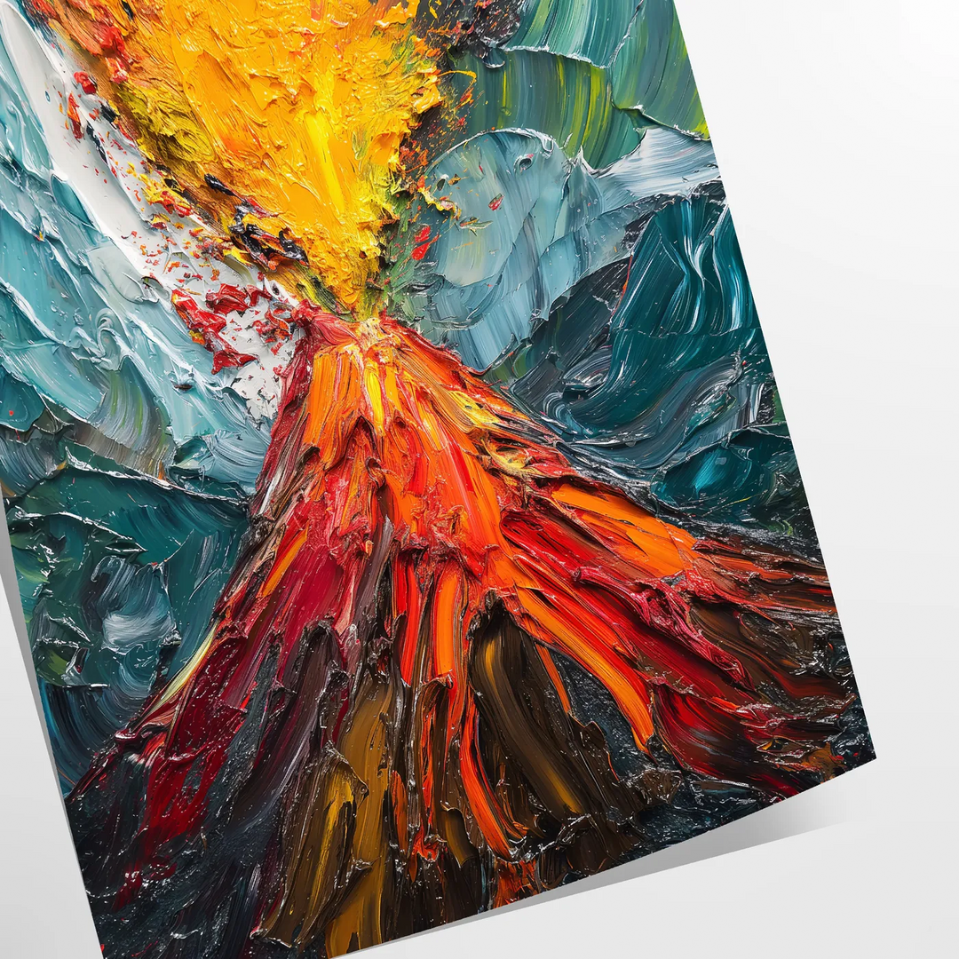 Abstrakte expressionistische Komposition mit dynamischen grünen und orangefarbenen Tönen - als gerollter Druck, ohne Rahmen