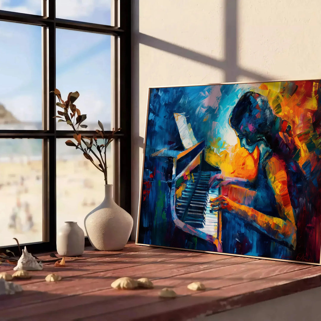 Abstract expressionist artwork featuring green and blue hues with emotional forms - leaning on a herringbone floor against a white panelled wall