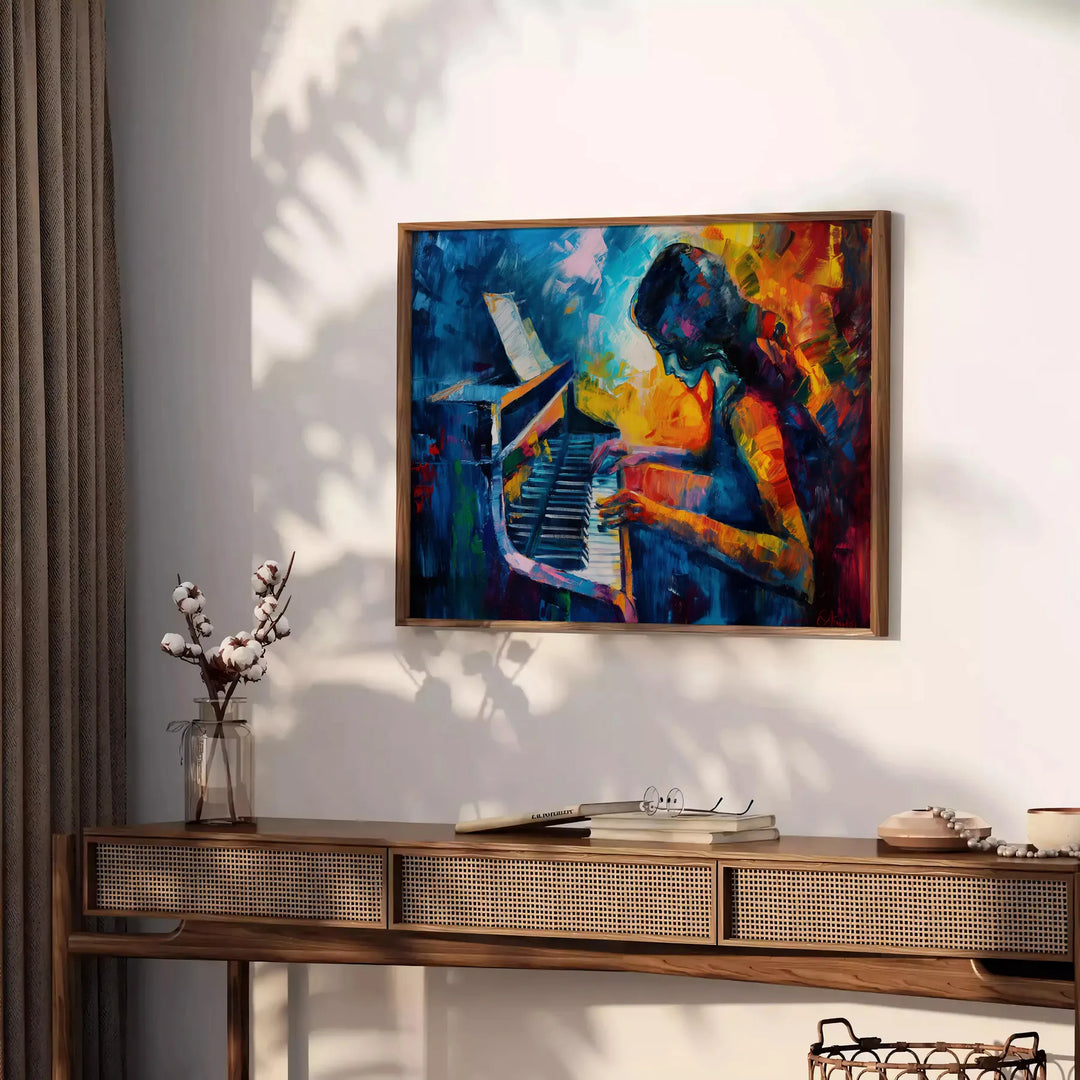 Abstract expressionist artwork featuring green and blue hues with emotional forms - styled on a counter with eucalyptus and a bowl of lemons