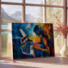Abstract expressionist artwork featuring green and blue hues with emotional forms - beside a round wooden side table with books