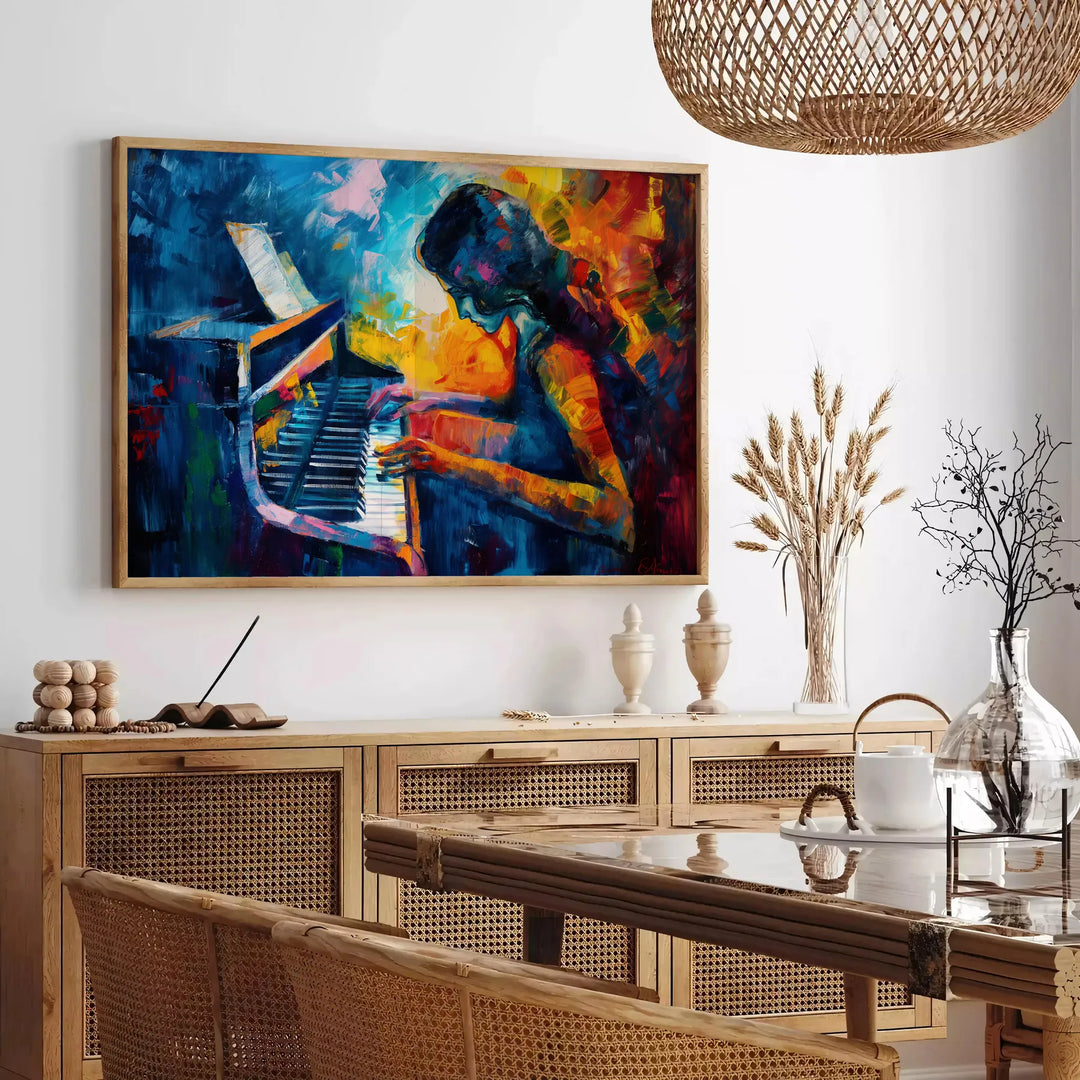 Abstract expressionist artwork featuring green and blue hues with emotional forms - in a Parisian living room with a sofa and a fig plant