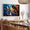 Abstract expressionist artwork featuring green and blue hues with emotional forms - in a Parisian living room with a sofa and a fig plant