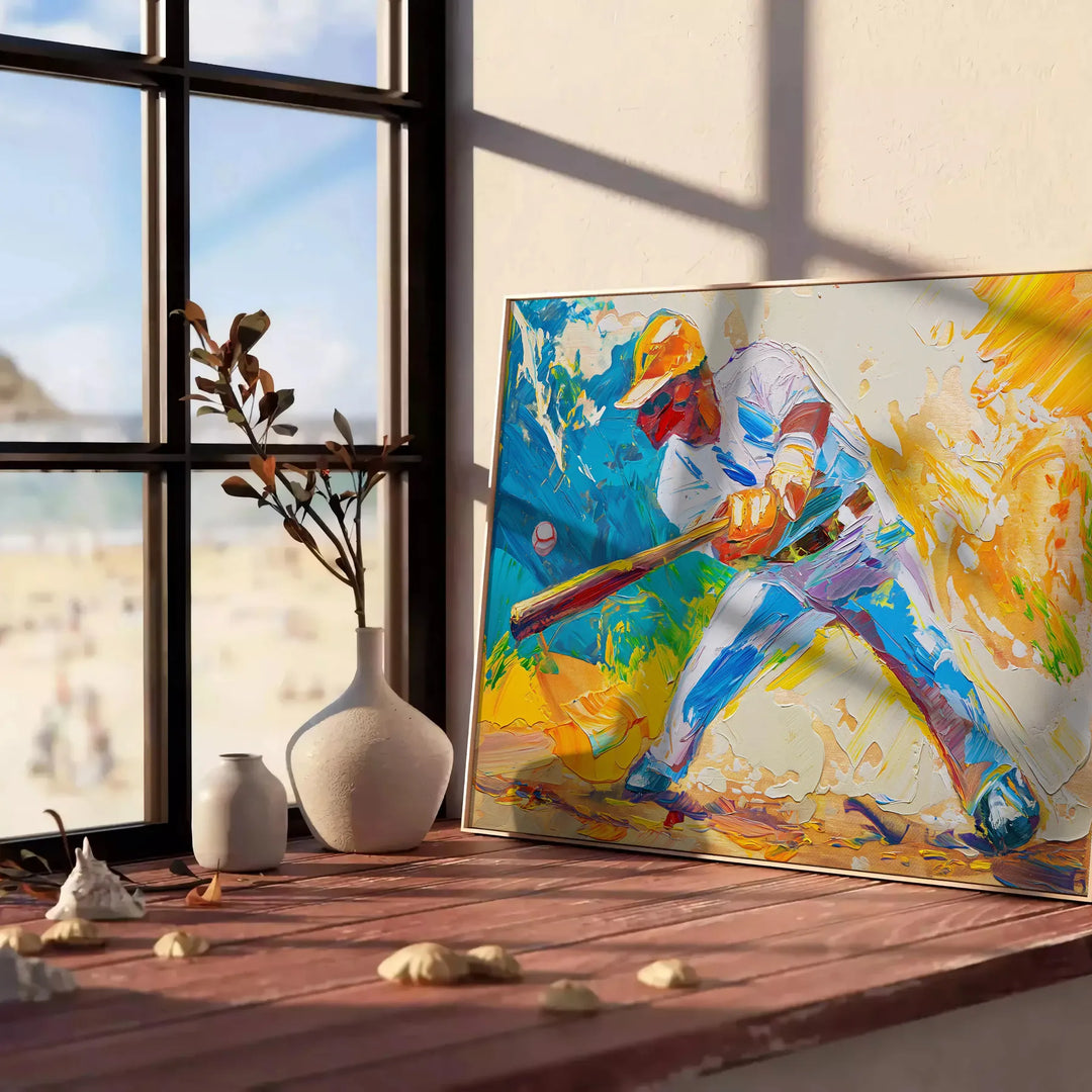 Abstract expressionism with swirling orange and blue colors - leaning on a herringbone floor against a white panelled wall
