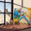 Abstract expressionism with swirling orange and blue colors - leaning on a herringbone floor against a white panelled wall