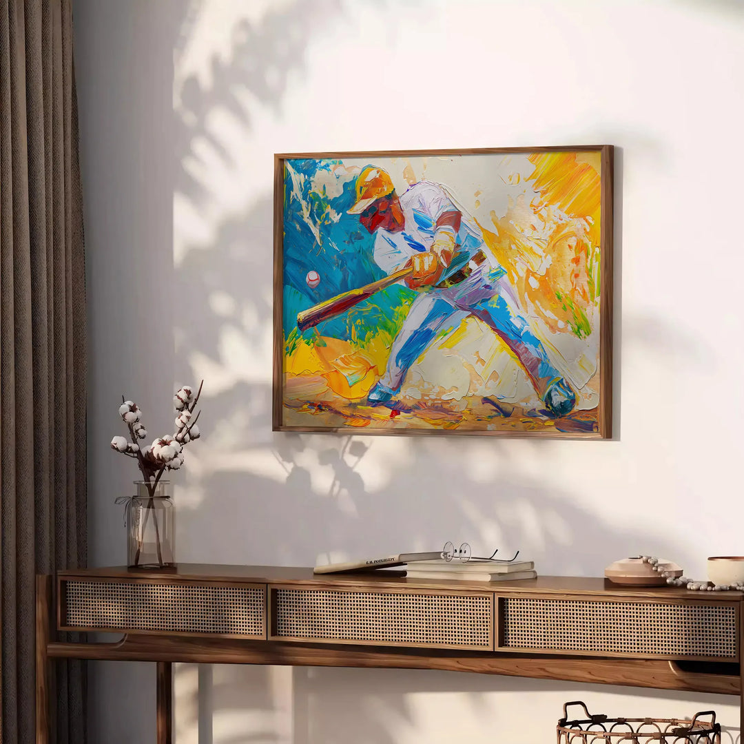 Abstract expressionism with swirling orange and blue colors - styled on a counter with eucalyptus and a bowl of lemons