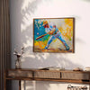 Abstract expressionism with swirling orange and blue colors - styled on a counter with eucalyptus and a bowl of lemons