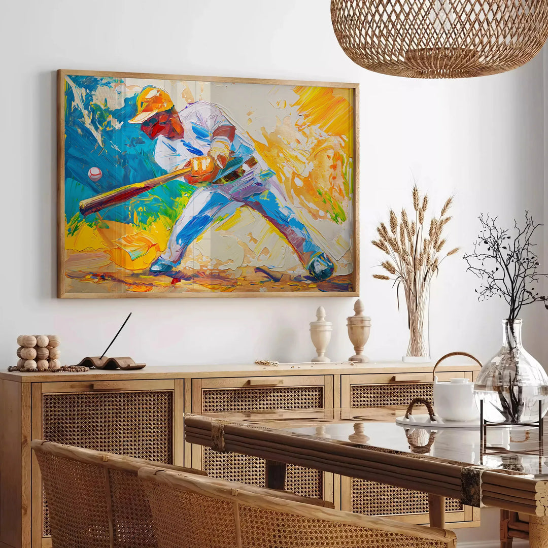 Abstract expressionism with swirling orange and blue colors - in a Parisian living room with a sofa and a fig plant