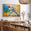 Abstract expressionism with swirling orange and blue colors - in a Parisian living room with a sofa and a fig plant