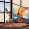 Abstract expressionist artwork with bold orange and brown colors - leaning on a herringbone floor against a white panelled wall