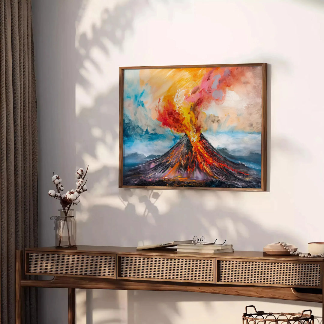 Abstract expressionist artwork with bold orange and brown colors - styled on a counter with eucalyptus and a bowl of lemons