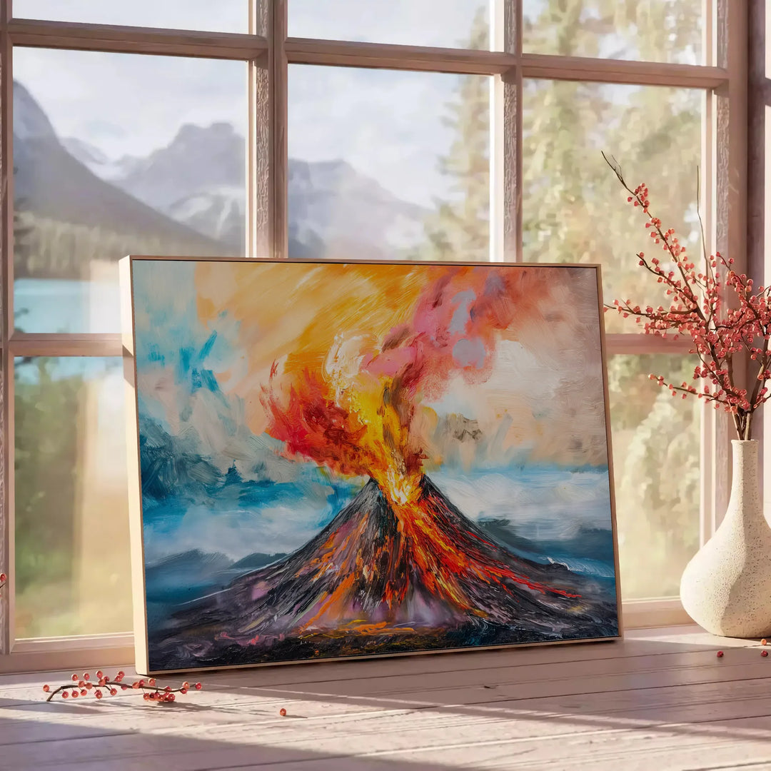 Abstract expressionist artwork with bold orange and brown colors - beside a round wooden side table with books
