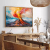 Abstract expressionist artwork with bold orange and brown colors - in a Parisian living room with a sofa and a fig plant