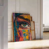 Abstract expressionism with dynamic green and orange splashes - leaning on a herringbone floor against a white panelled wall