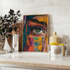 Abstract expressionism with dynamic green and orange splashes - styled on a counter with eucalyptus and a bowl of lemons