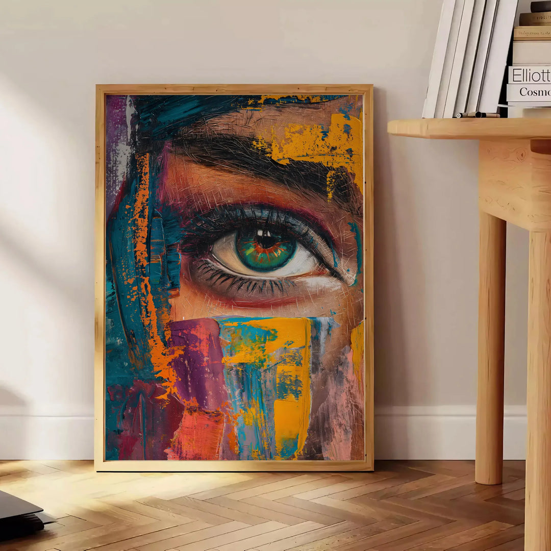 Abstract expressionism with dynamic green and orange splashes - beside a round wooden side table with books