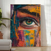 Abstract expressionism with dynamic green and orange splashes - in a bright minimalist room with a plant and an armchair