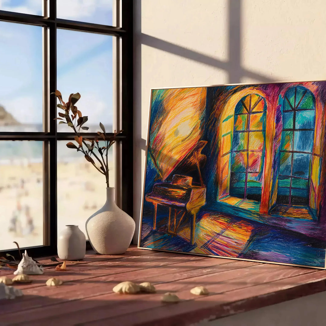 Abstrakte expressionistische Kunst mit kräftigen Grün- und Orangetönen, die Emotionen vermittelt - an eine weiße Paneelwand gelehnt auf Fischgrätparkett