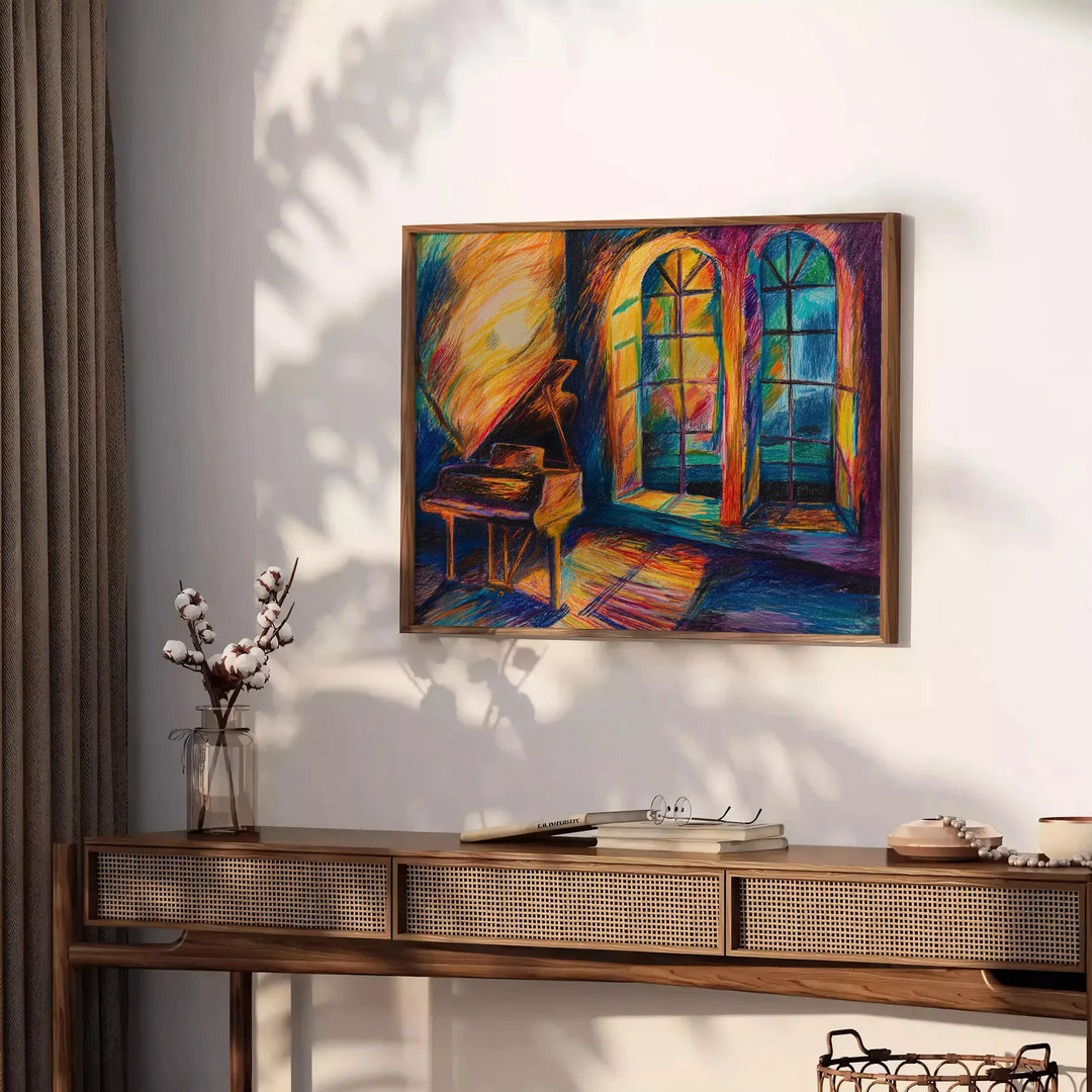 Abstrakte expressionistische Kunst mit kräftigen Grün- und Orangetönen, die Emotionen vermittelt - auf einer Arbeitsplatte mit Eukalyptus und einer Schale Zitronen
