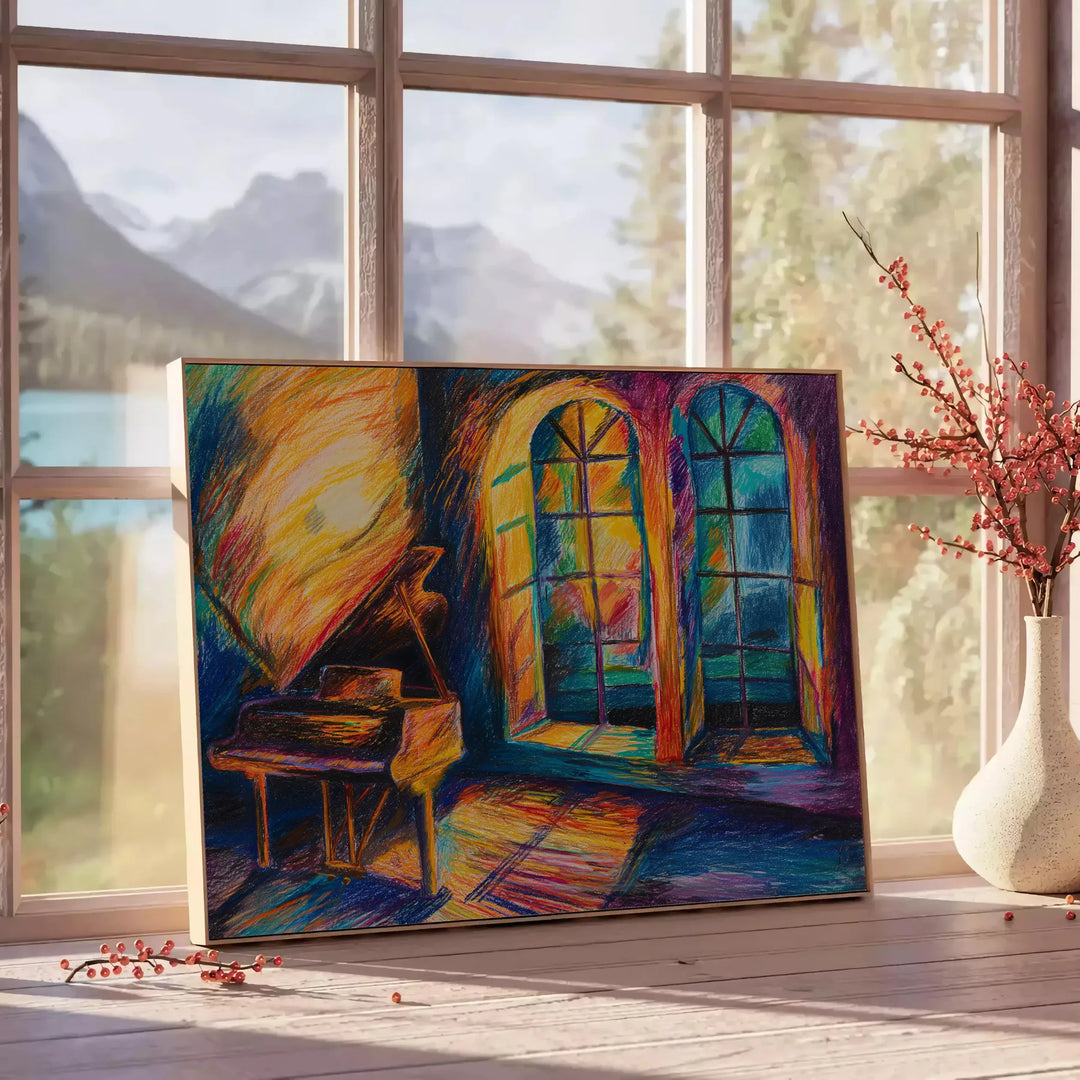 Abstrakte expressionistische Kunst mit kräftigen Grün- und Orangetönen, die Emotionen vermittelt - neben einem runden Beistelltisch aus Holz mit Büchern