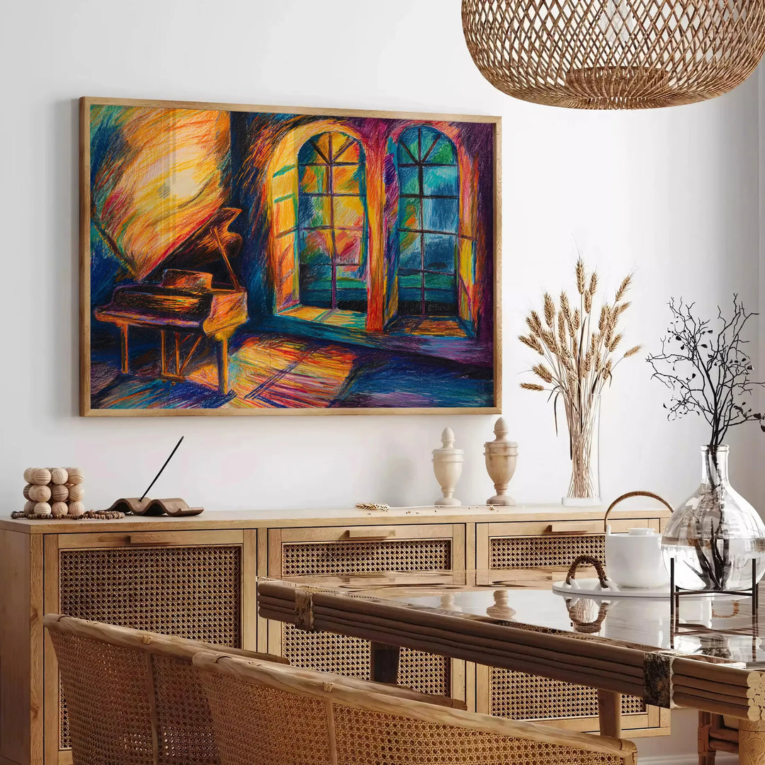 Abstrakte expressionistische Kunst mit kräftigen Grün- und Orangetönen, die Emotionen vermittelt - in einem Pariser Wohnzimmer mit Sofa und einer Geigenfeige