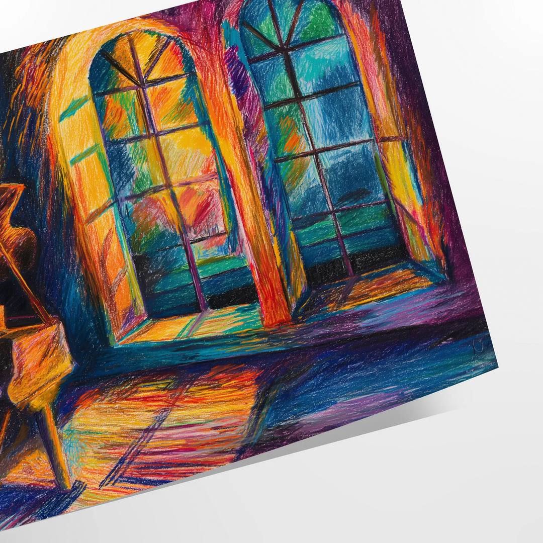 Abstrakte expressionistische Kunst mit kräftigen Grün- und Orangetönen, die Emotionen vermittelt - als gerollter Druck, ohne Rahmen