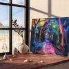 Abstract expressionist artwork with bold greens and blues - leaning on a herringbone floor against a white panelled wall