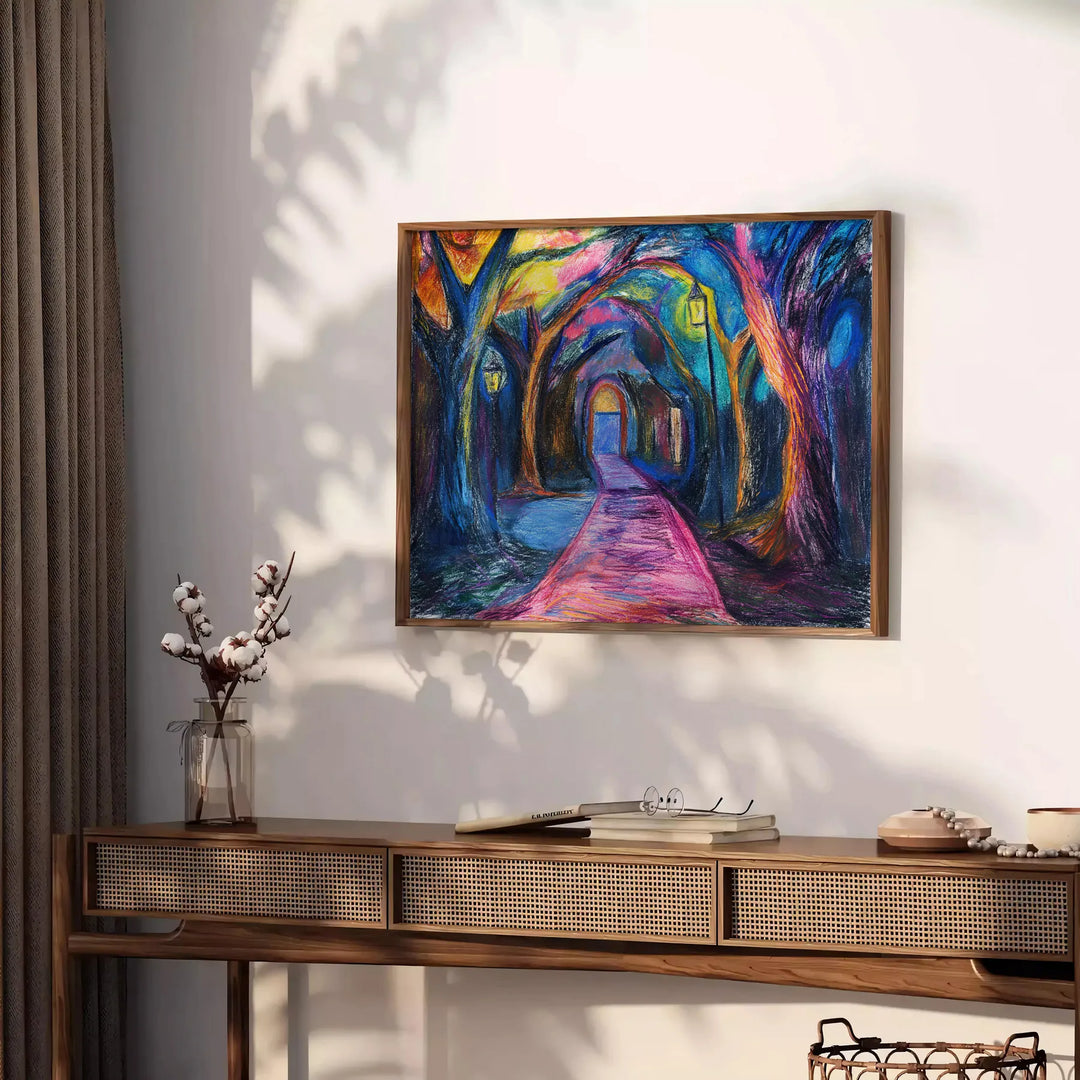 Abstract expressionist artwork with bold greens and blues - styled on a counter with eucalyptus and a bowl of lemons