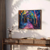 Abstract expressionist artwork with bold greens and blues - styled on a counter with eucalyptus and a bowl of lemons