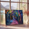 Abstract expressionist artwork with bold greens and blues - beside a round wooden side table with books