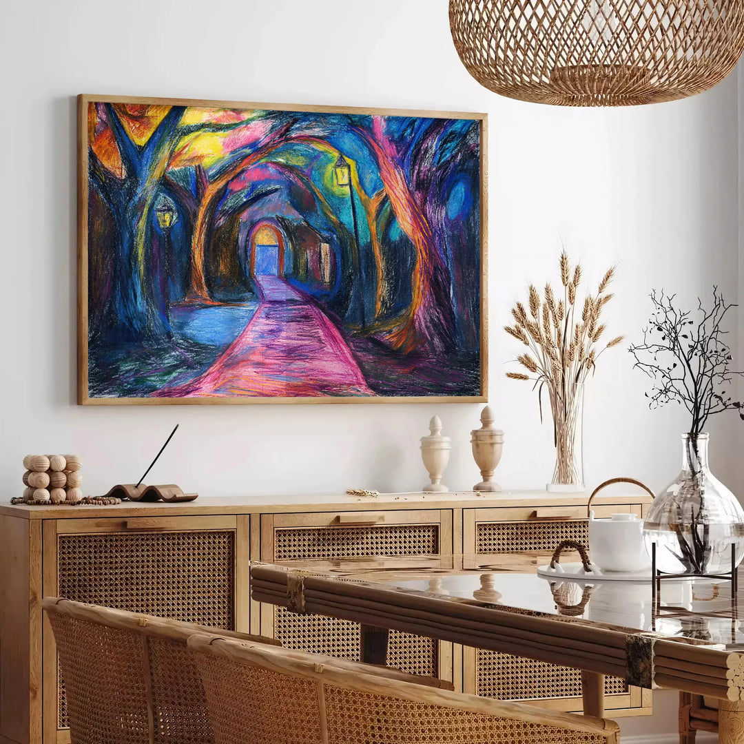 Abstract expressionist artwork with bold greens and blues - in a Parisian living room with a sofa and a fig plant