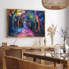 Abstract expressionist artwork with bold greens and blues - in a Parisian living room with a sofa and a fig plant