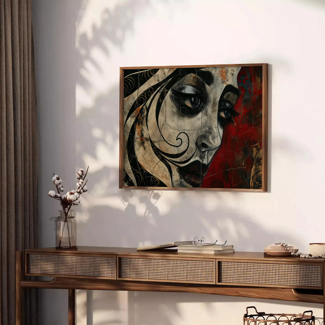 Abstrakte expressionistische Kunst mit kräftigen Schwarz- und Grüntönen - auf einer Arbeitsplatte mit Eukalyptus und einer Schale Zitronen