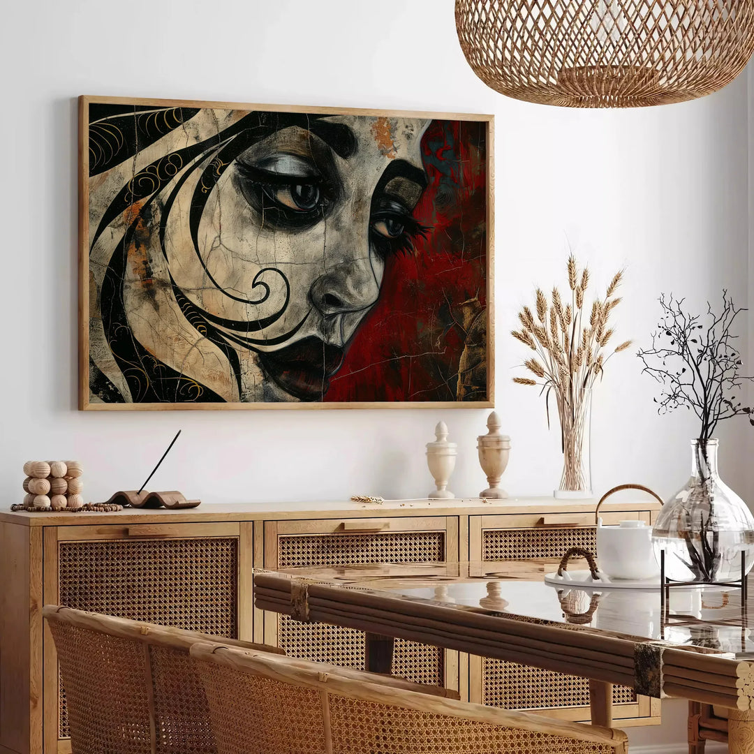 Abstrakte expressionistische Kunst mit kräftigen Schwarz- und Grüntönen - in einem Pariser Wohnzimmer mit Sofa und einer Geigenfeige