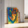 Abstract expressionism with green and blue hues, depicting creative energy - leaning on a herringbone floor against a white panelled wall