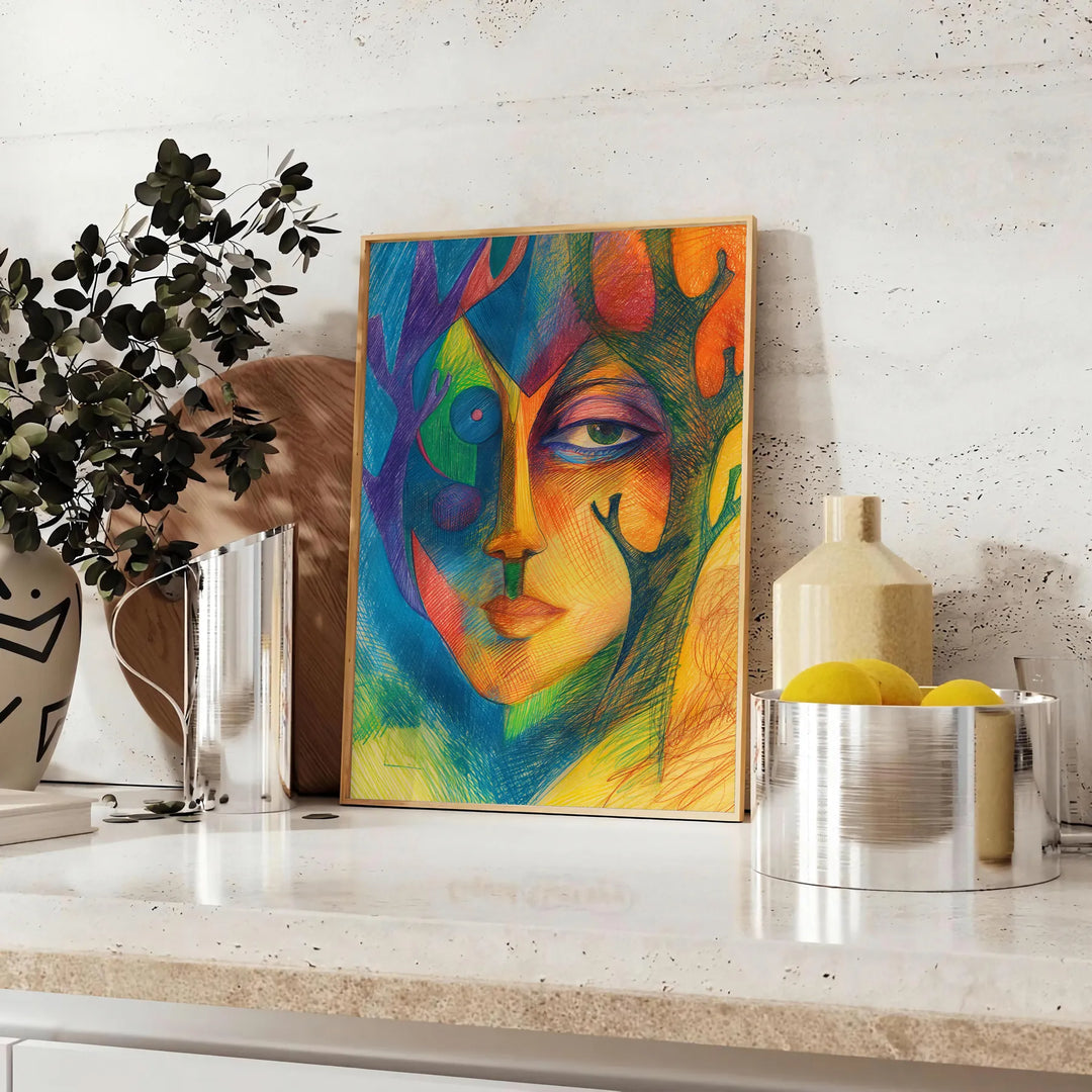 Abstract expressionism with green and blue hues, depicting creative energy - styled on a counter with eucalyptus and a bowl of lemons