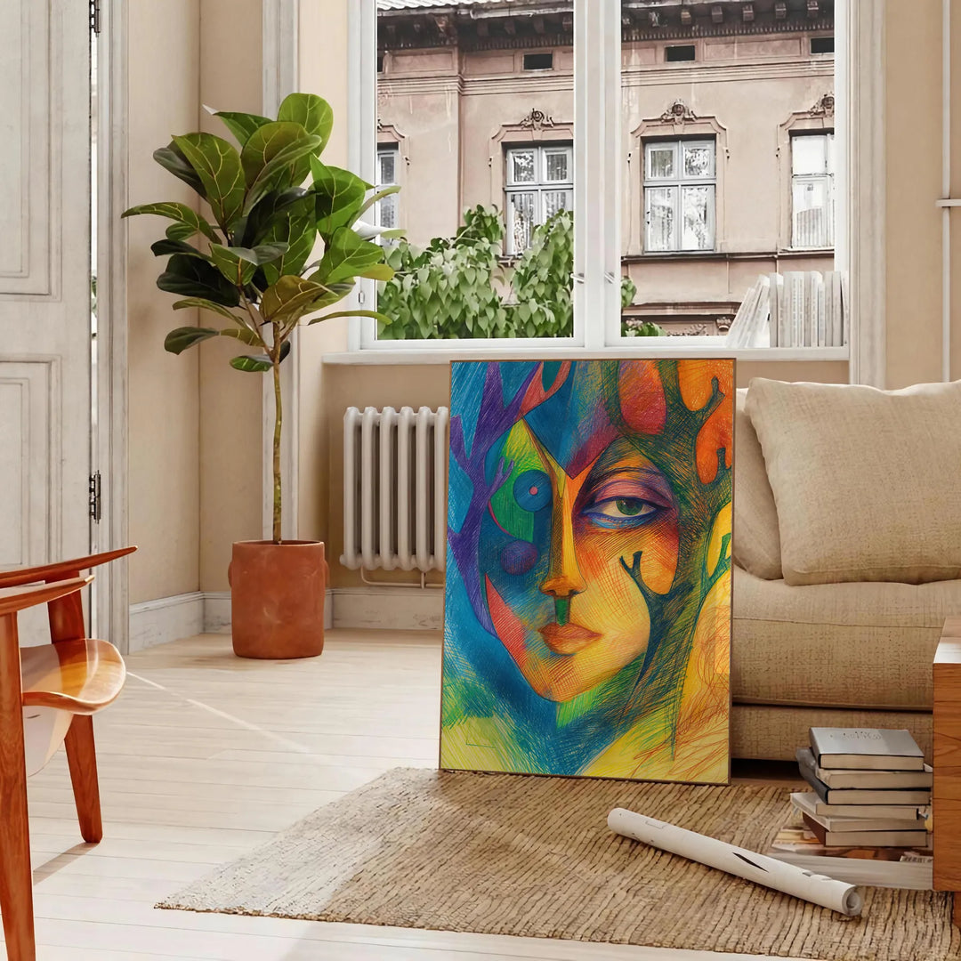 Abstract expressionism with green and blue hues, depicting creative energy - in a Parisian living room with a sofa and a fig plant