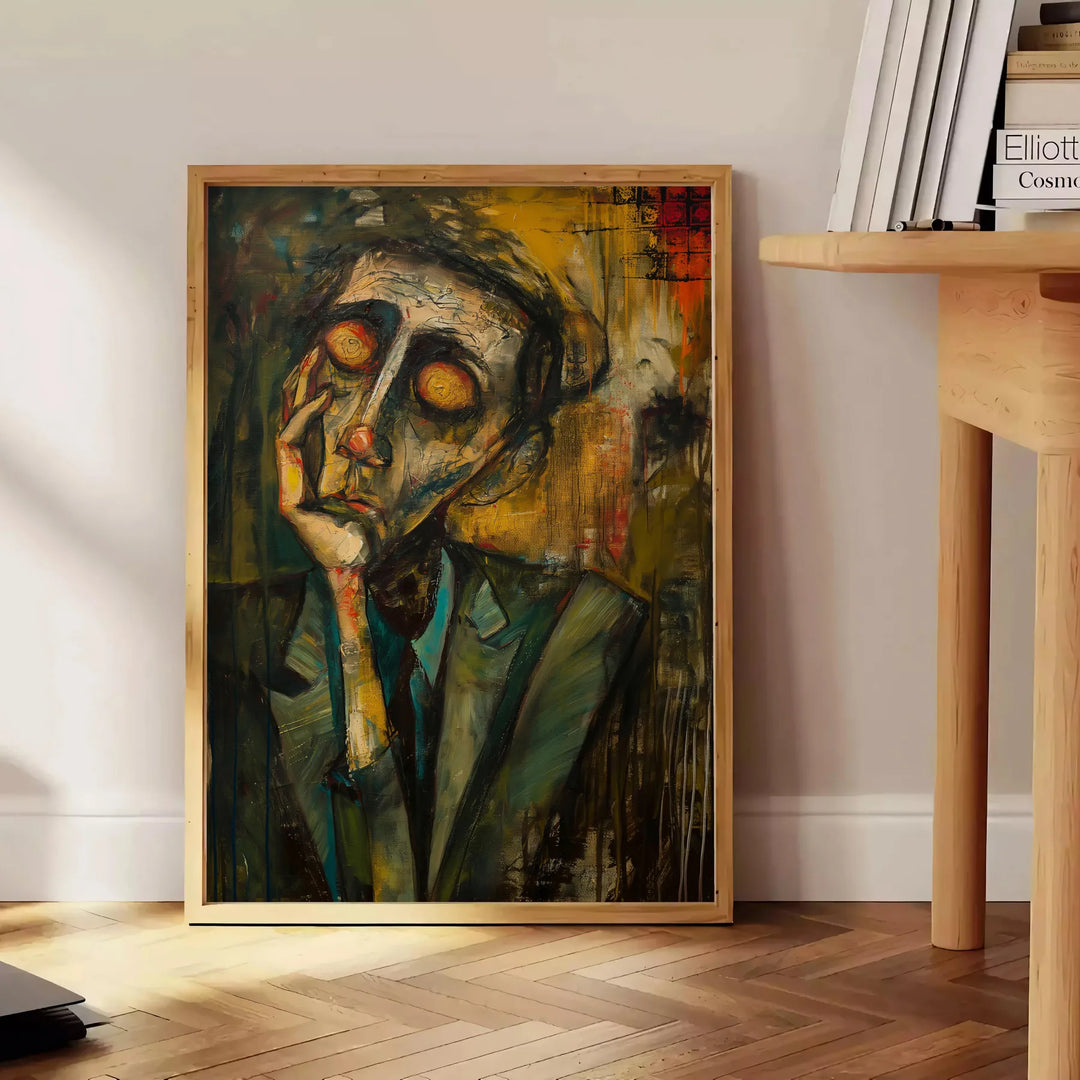 Abstract expressionism artwork with bold green and orange colors - beside a round wooden side table with books
