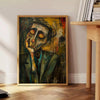 Abstract expressionism artwork with bold green and orange colors - beside a round wooden side table with books